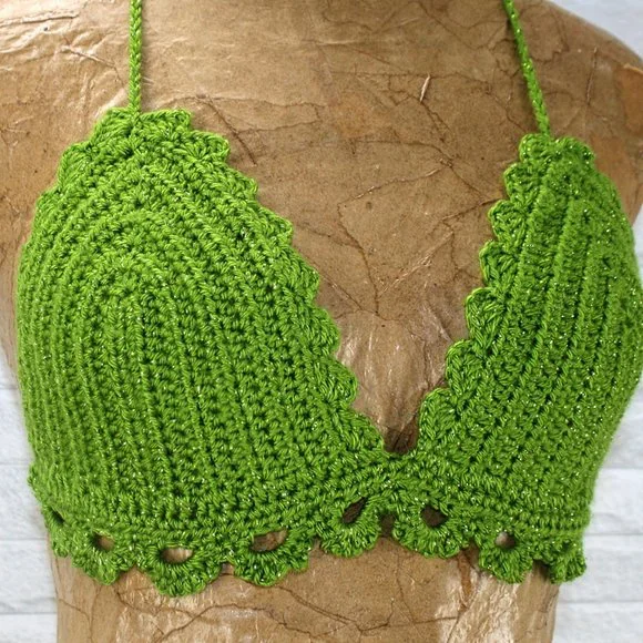 HAND CRAFTED Cropped Top Crochet Bikini Green Metallic Festival Fashion Various - Picture 2 of 9